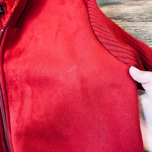Y2K Cherry Red Faux Suede Leather Jacket Hooded Knit Vintage Faux Fur - Picture 9 of 11